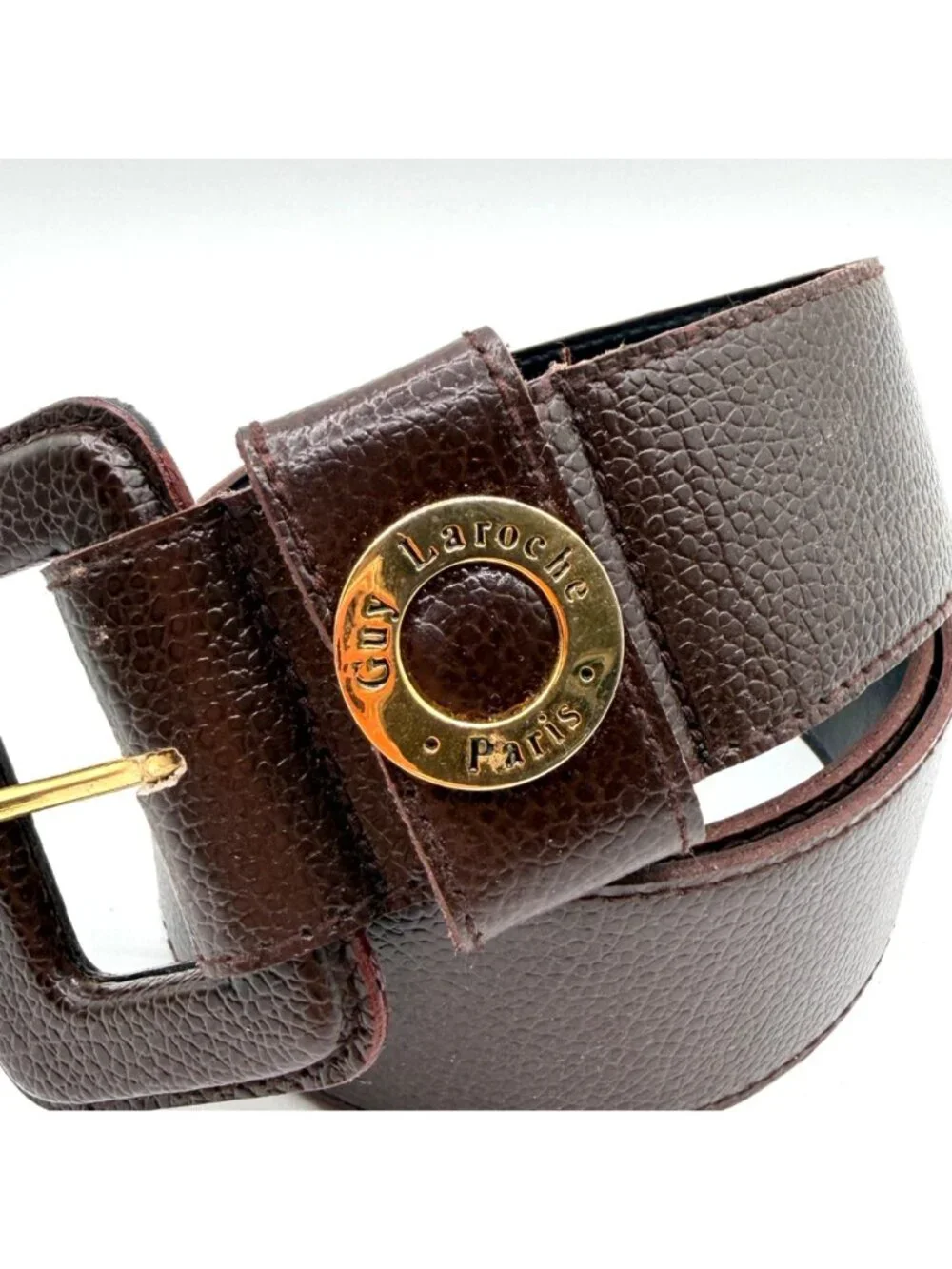 Vintage Guy Laroche Paris Brown Pebbled Leather Square Buckle Belt